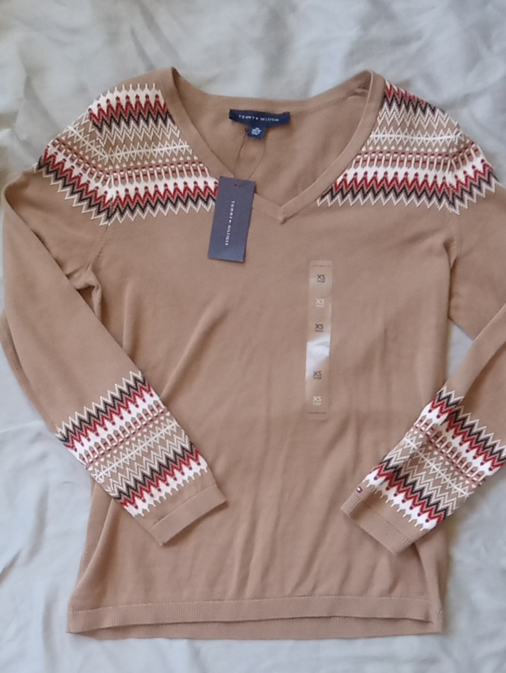 Tommy Hilfiger Tan V‑Neck Sweater with Fair Isle Accents 100% Cotton